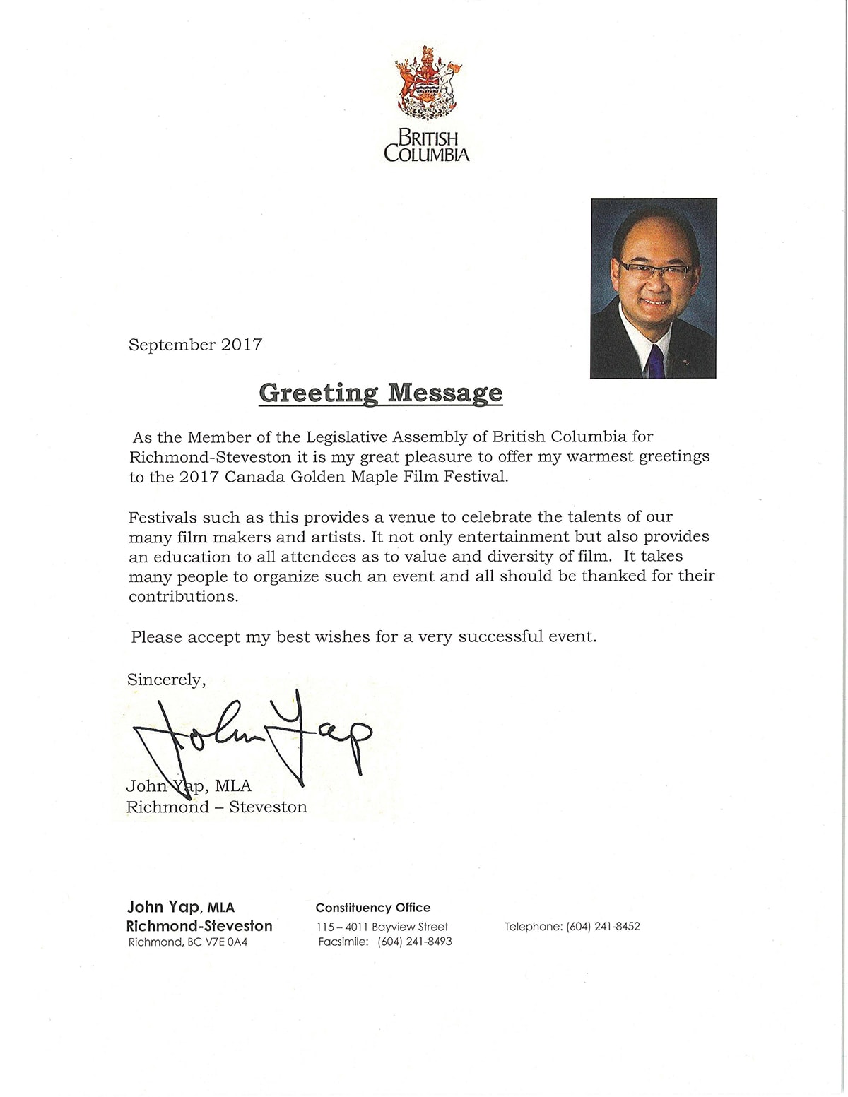Congratulatory Letter from John Yap, BC MLA