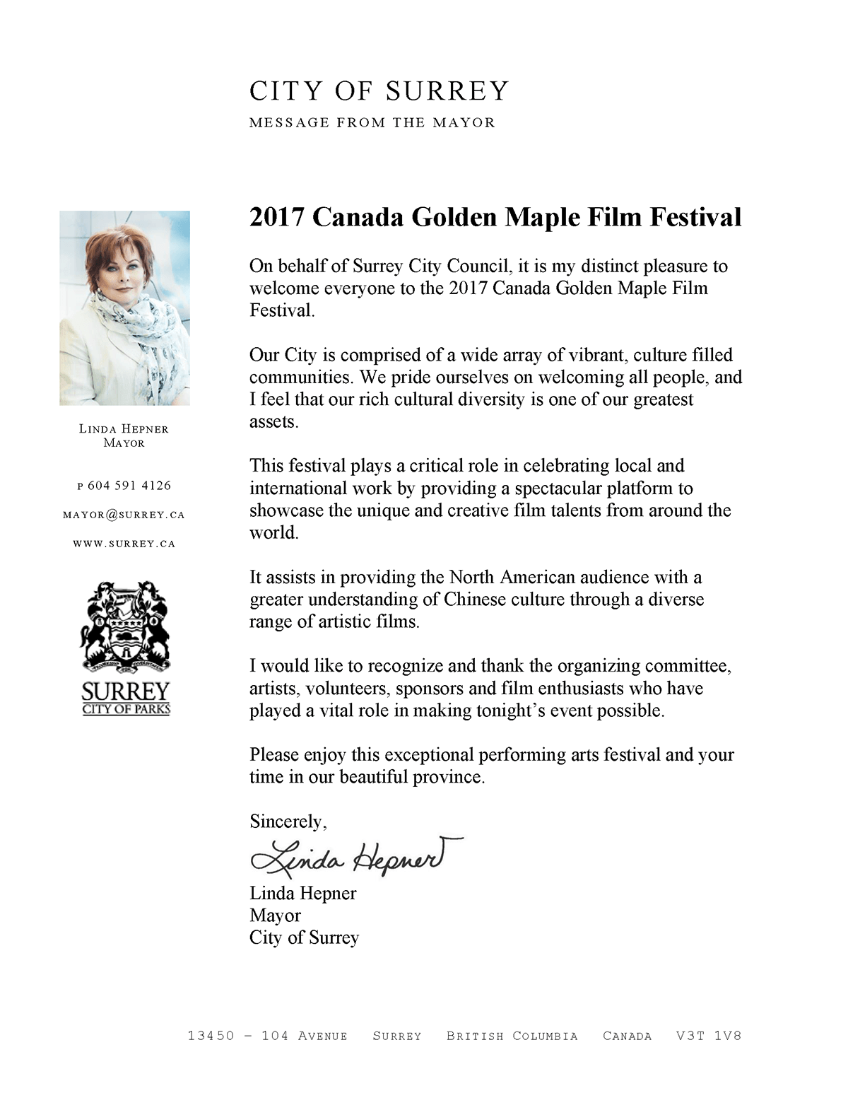 Congratulatory Letter from Linda Hepner, Mayor of Surrey