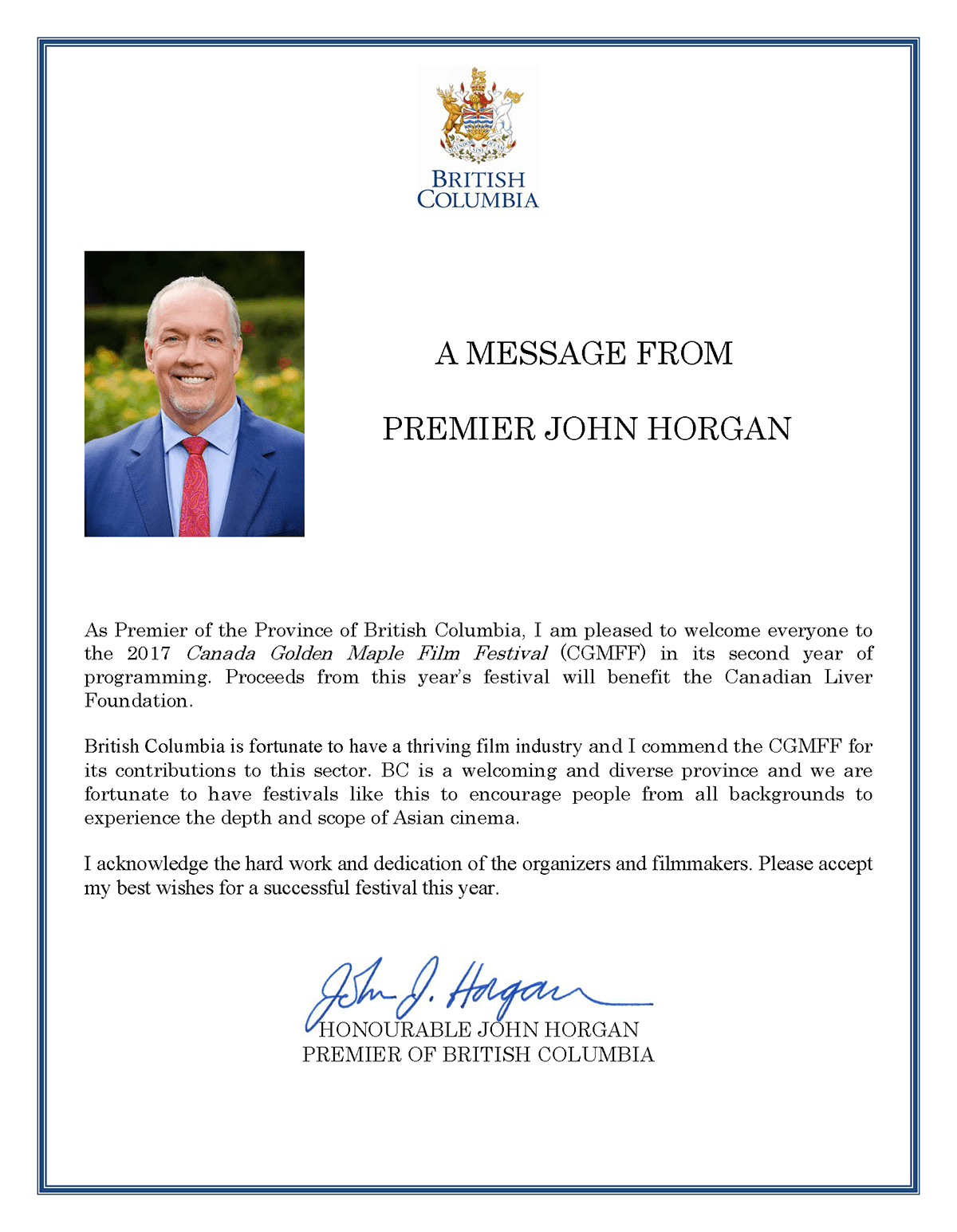 Congratulatory Letter from John Horgan, Premier of British Columbia